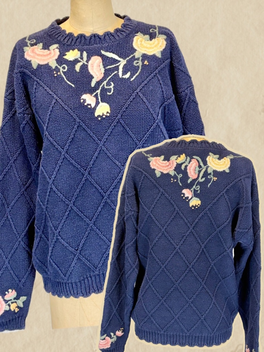 VINTAGE 90s cottage flower‎ embroidered knit sweater Northern Reflections navy L